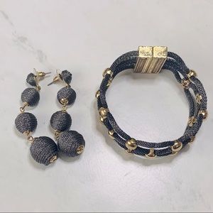 Grey/Silver + Gold Bracelet w/ Magnetic Closure and Dangling Earrings Set